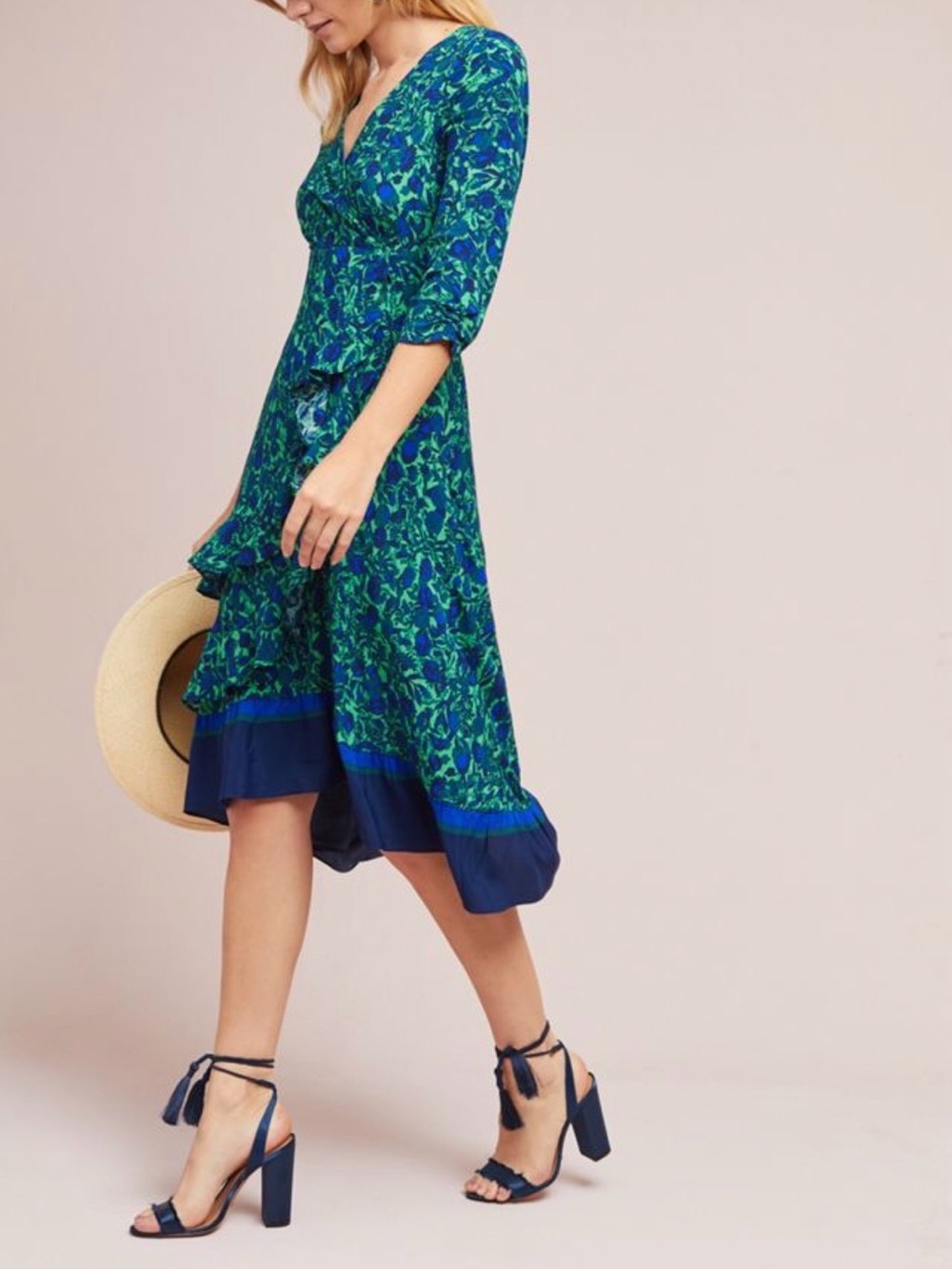 Anthropologie| EUC Maeve Prunella Floral Ruched Wrap Dress Green Blue 0P